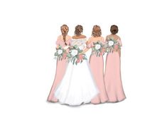 three bridesmaids in pink dresses are facing each other and holding their bouquets