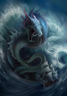 a painting of a dragon attacking a ship in the ocean