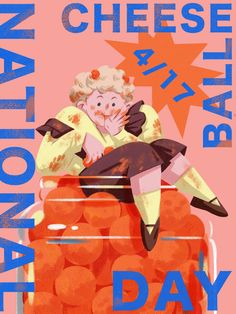 an old woman sitting on top of a jar filled with oranges and text national cheese day