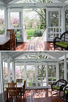 the inside and outside of a sunroom with wooden flooring, glass walls and doors