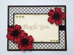 a thank you card with red flowers and pearls