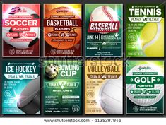 a set of sports flyers or brochures with balls, bats and other items