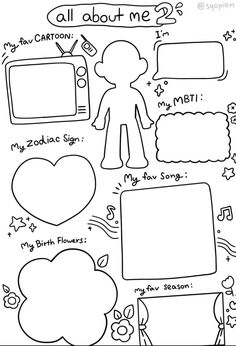 an adult coloring page with speech bubbles, hearts and other things to write on it