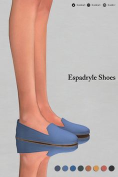 a woman's feet with blue shoes and different colors on the bottom, in front of an advertisement for espaddyte shoes