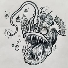 an ink drawing of a fish with its mouth open and teeth out, surrounded by bubbles