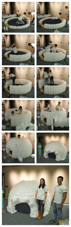 there are many different pictures of people standing in front of a giant white object that is made out of foam