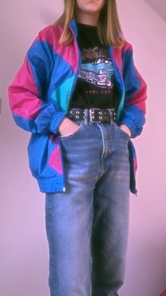 80s Fashion Windbreaker Outfit, Colorful Jacket 90s, Tomboy 80s Outfits, Colorful Windbreaker Outfit, 80s Outfits With Jeans, 80s Outfits Colorful, Retro Windbreaker Outfit, 80s Colorful Fashion, Retro Outfits 80s 1980s Vintage