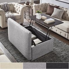 a living room with couches, tables and chairs in different shades of greys