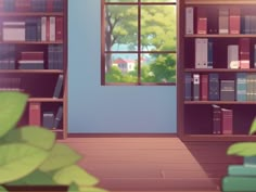 a room with bookshelves and plants in the foreground, there is a window that looks out onto trees