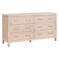 a white wooden dresser with gold handles on it's sides and drawers, against a white background