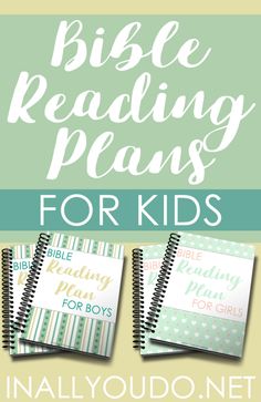 three notebooks with the words bible reading plans for kids written on them, in front of