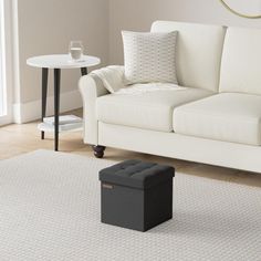 a living room with a white couch and small black box on the floor in front of it