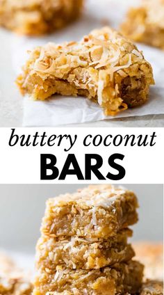 three different views of coconut bars stacked on top of each other with the words, buttery coconut bars