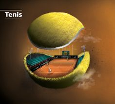 a tennis ball is floating in the air over a clay court with grass on it