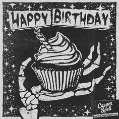 a black and white drawing of a cupcake with a candle in it's hand