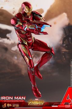 the iron man action figure is shown in red and gold armor, with an arm outstretched