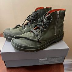 Palladium Boots-Brand New, Mens 8.5; Olive Green;Original Box-Never Worn! Palladium Shoes, Palladium Boots, Green Boots, Boot Brands, Olive Green, Original Box, Men's Shoes, Shoe Boots, Man Shop