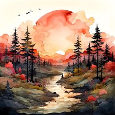 a painting of a sunset over a river with trees and birds flying in the sky