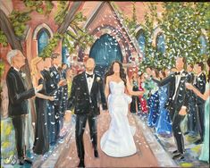 a painting of a bride and groom walking down the aisle