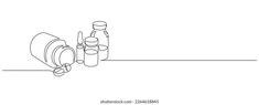 One continuous line drawing of medicine set with pills. Pharmaceutical components and capsules in container with drugs symbols in simple linear style. Editable stroke. Contour vector illustration One Continuous Line Drawing, Pill Bottle, Line Art Drawing, Contour Line, Pill Bottles, Pharmacy