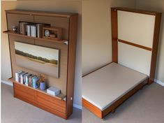 a bed with a book shelf next to it in a room that has carpeted flooring