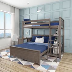 there is a bunk bed with blue sheets and pillows on the bottom level, next to a window