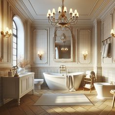 Picture white porcelain fixtures, including a free-standing tub, sink, and a bidet. The room should have light, neutral, and warm colored tiles on the floor, as well as halfway up the walls. Imagine a high ceiling with vintage chandelier casting a soft golden glow across the room. Include a large mirror above the sink and a small vintage wooden ladder-style towel rack filled with plush towels next to the tub. Invoke the feeling of luxury, elegance, and relaxation.