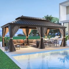 an outdoor living area with a pool and gazebo