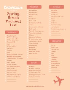 an info sheet for the spring break packing list