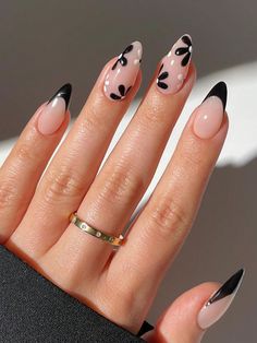 Multicolor  Collar    Color Nails Embellished   Nail,Hand & Foot Care French Nails With Nail Art, Black Nail Almond, Acrylic Nails Simple Designs, Nail Inspo French Tip Almond, Cute Black And White Nail Ideas, Cute Simple Nails Almond, French Top Nail Designs, French Tip Nails Styles, French Tip Nail Designs Almond