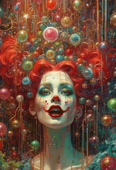 a woman with red hair and clown makeup is surrounded by balls