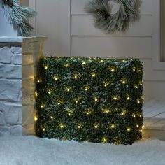 a boxwood hedge with christmas lights on it next to a wreath and snow covered steps