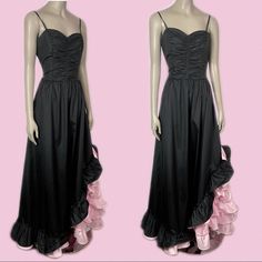 Stunning 1980s Era Vintage Black Full Length Evening Gown/Formal Dress With Asymmetric Light Pink Tiered Ruffles Up One Side And Topped With A Large Bow. Has A Very Flattering Fitted Chest With Ruched Style Front. Zips Up At The Back. Material Is A Silky Feeling Polyester And Does Not Stretch. Jc Penny Brand. Tags Say Size 11/12 But Runs Small In My Opinion, Fits More Like A Medium. See Measurements Below. Excellent Condition. Measurements: Length (From Armpit) : Roughly 50” Chest: 15.75” Waist: 13.75” Bundle Deal Info In Bio . . . . Formal Prom Wedding Black Tie Debutante Gala Ball Party 90's Vintage 3/4 Embellished Sleeveless Metallic Short Sherri Jovani Bakti Sequence Home Dresses 1980s, 1980s Prom Dress, Parisian Dress, Slip Dress Y2k, 1980s Prom, Wedding Black Tie, 90s Slip Dress, Formal Ball Gown, Formal Dance