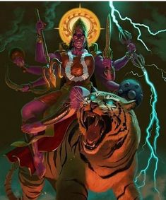 a woman riding on the back of a tiger in front of a lightning filled sky