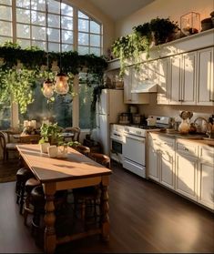 a kitchen filled with lots of white appliances and wooden tables covered in potted plants