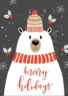 a polar bear wearing a hat and scarf with snowflakes on it's head