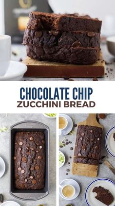 chocolate chip zucchini bread is cut into slices and placed on a cutting board