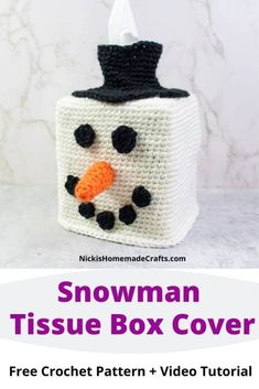 a crocheted snowman tissue box cover with text overlay