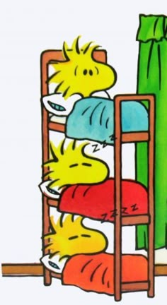 a drawing of a cat sleeping on top of a bunk bed next to a green curtain