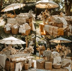 several pictures of baskets, umbrellas and other items for sale at an outdoor market