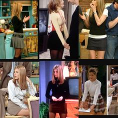 four different pictures of women in skirts and sweaters on the set of friends tv show