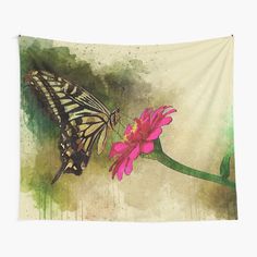 a butterfly sitting on top of a pink flower with watercolor splashes around it