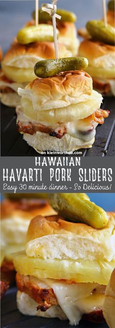 several sandwiches with pickles on them and the words havarti pork sliders