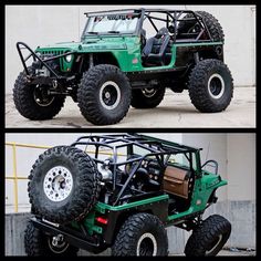 two pictures of a green jeep with four wheels