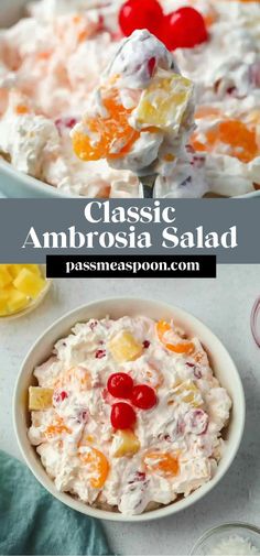 this classic ambrosia salad is made with fresh fruit and whipped cream