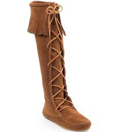 Minnetonka Women's Hardsole Suede Fringe Tall Lace Up Boots | Dillard's Casual Brown Boots With Tassels, Casual Leather Boots With Tassels, Casual Leather Fringe Boots, Western Suede Boots With Rubber Sole, Casual Leather Moccasins With Fringe, Fall Tassel Boots With Round Toe, Fall Leather Moccasins With Tassels, Suede Round Toe Boots With Laces, Suede Boots With Laces And Round Toe