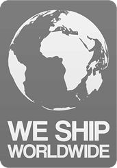 the we ship world wide logo on a gray and white square sticker that reads, we ship world wide