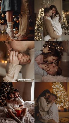 two people holding each other in front of a christmas tree