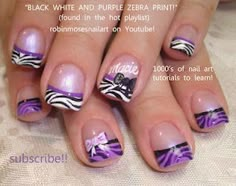 purple black and white zebra tip nail art ! http://www.youtube.com/watch?v=9FpgU0Fa2a8 Zebra Nail Art, Baby Shower Nails, Print Nail Art, Zebra Print Nails, Nails Opi, Zebra Nails, Tree Nails, Hot Pink Nails, Her Nails