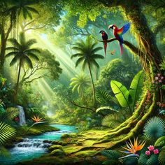 a painting of two parrots sitting on a tree branch in the middle of a jungle